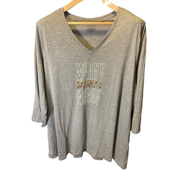 Lane Bryant Gray V Neck Merry Holiday Sparkle Detail 3/4 Sleeve T Shirt Sz 22 - Picture 1 of 8
